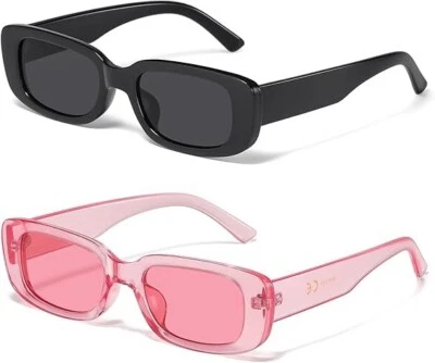 2PCS Black Clear Pink Rectangle Sunglasses UV400 Retro Y2k Cool Square Frame - Image 1 of 4