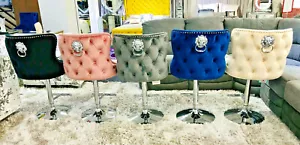 VALENTINO Lion Knocker Quilted Front Tufted back Plush Velvet Chrome Bar Stool - Picture 1 of 38