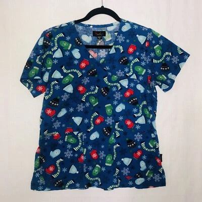 WOMENS PEACHES SCRUB TOP SIZE SMALL WINTER THEME BLUE - Image 1 of 4