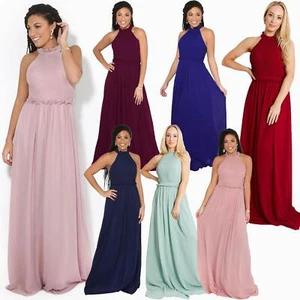 Women Ladies Halter Neck Chiffon Long Maxi Dress Wedding Bridesmaid Formal Party - Picture 1 of 28