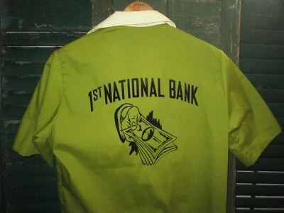 NAT NAST Vtg 1980s 70s 60s CHain Stitch Jean Bowling Shirt 1st National Bank 34 - Image 1 of 4