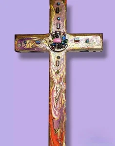 Wandkreuz handbemalt Holz Swarovski Kristalle bunt christlich religiös - Bild 1 von 20