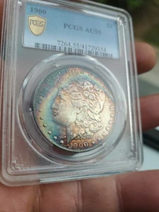 1900-P PCGS AU55 RAINBOW 🌈 TONED MORGAN SILVER DOLLAR *NICE COIN Scratched Slab - Picture 1 of 6