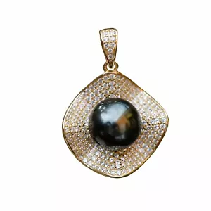 9.8mm Tahitian Seawater Peacock Black Pearl Sterling silver S925 gold pendant - Picture 1 of 12