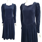 VTG Laura Ashley 80s Dress Size 12 Navy Blue Velvet Cotton Puff Sleeve Midi Maxi