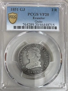 ECUADOR 2 REALES 1851 GJ QUITO KM # 33 PCGS VF 20. - Imagen 1 de 4