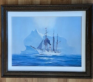 HUNTER WOOD 1940'S USCG SAILING NEAR ICEBERG  LITHO PRINT FRAMED 16.25" X 20.5" - Picture 1 of 4
