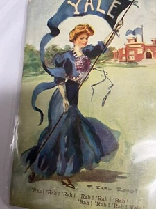 YALE UNIVERSITY BLUE PENNANT COLLEGE GIRL SIGNED F. EARL CHRISTY VALENTINES SONS - Picture 1 of 12