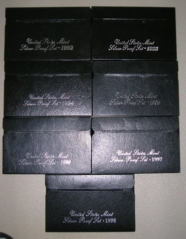1992 thru 1998 US Mint ANNUAL 5 Coin SILVER Proof Set Lot 7 Sets 35 Coins Cover