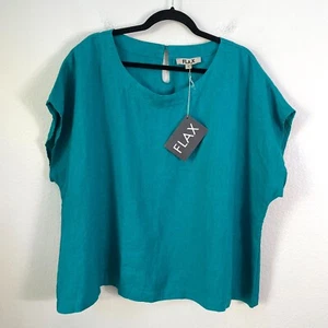 NEW FLAX Womens Large Green 100% Linen Top Short Dolman Sleeve Shirt Relax Fit - Picture 1 of 9