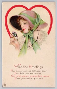 1917 San Valentín Hermosa Mujer Romántico Poema Medallón Espejo Gorro Postal - Imagen 1 de 3