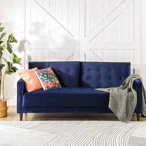Mid-Century 3 Seater Velvet Sofa Couch Furniture in Navy Blue, Size 194Cm - Picture 1 of 8