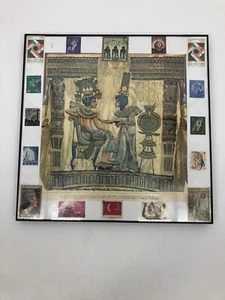 Framed Egyptian Carving Print With Rare Egyptian Stamps Unique One Of A Kind Art - Picture 1 of 5