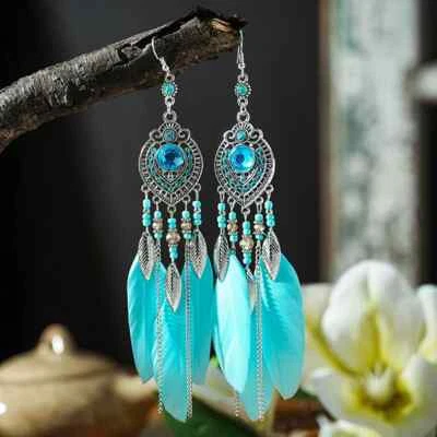 Pendientes Borla Hoja Pluma con Estrás para Mujer Estilo Boho Boda Foto 1 de 4