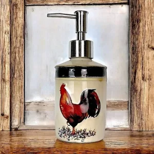 Rooster Soap Lotion Dispenser Hand Painted Artisan Ceramic Chicken Rustic Decor - Picture 1 of 14