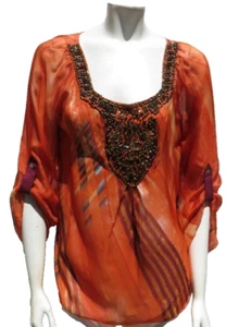 HALE BOB US Women’s sz M Orange 100% Silk Chiffon Blouse Shirt Top Beaded Boho - Picture 1 of 7