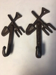 Vintage Pair Cast Iron Shovel & Pitch Fork Coat Hook - Picture 1 of 3