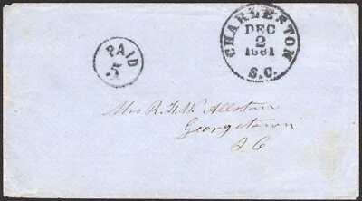 Sello de mano CSA Charleston, SC "PAID 5" tipo E, DEC 2, 1861 a Georgetown, SC Foto 1 de 2