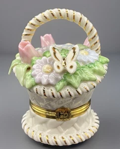 Vintage Lenox Treasures Basket of Blossoms Trinket Box Porcelain With Pendant - Picture 1 of 12