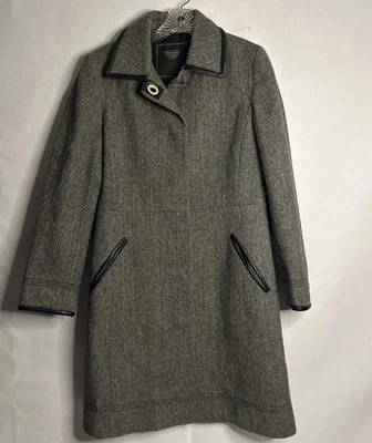 Vintage Coach Women's Wool Houndstooth Trench Coat Leather Trim Gray Size M - Image 1 of 4