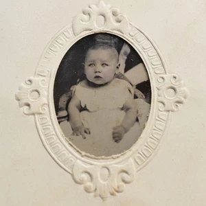 Small Antique Tintype of Baby Mounted in Paper Oval Border - Picture 1 of 2