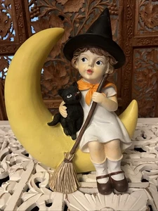 Retro Halloween Girl Witch Riding Broom Across Moon Figure 10 inch Vtg Style NEW - Picture 1 of 2