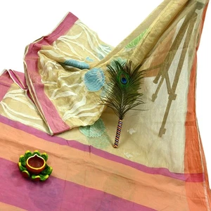 Vintage Sarees Beige Pure Organza Silk Hand Woven Sari 5yd Ethnic Floral Fabric - Picture 1 of 23