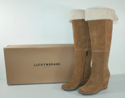 Lucky Brand Ysabel Chalet Oiled 麂皮绒棕褐色高筒女式靴子 9 M 码全新 — 第 1/4 张图片