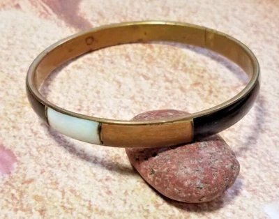 Vintage Brass Wood Onyx Mop Inlaid Bangle Bracelet Fashion Costume 2 3/4" D - Image 1 of 4