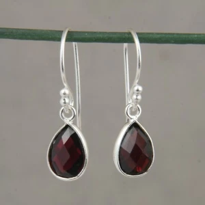 Natural Pear Shape Garnet Earring 925 Sterling Silver Gemstone Hook Earring - Picture 1 of 3