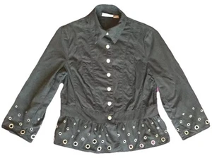 Jean Jacket Black Silver Studded Snap Up Women’s Size 8 By Kenar - Picture 1 of 7