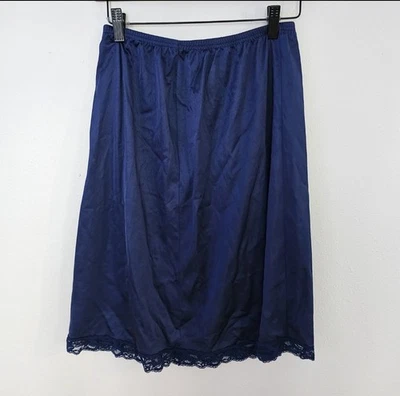 VTG Vanity Fair Half Slip Skirt M Navy Blue Lace Hem Pull-On Whimsigoth Grunge - Image 1 of 4
