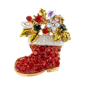 Green Leaf Boot Christmas Brooch Pin, Red Austrian Crystal, Gold Tone Jewelry - Picture 1 of 6
