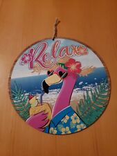 Tiki Bar Decorative Sign Flamingo w/ Pineapple Drink "Relax" Beach Glitter - NEW