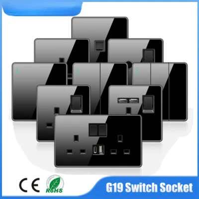 Wall Light Switch Power Socket Type-C Outlet Black Full Tempered Glass Panel  - Image 1 of 4
