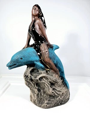 Vintage Woman Riding Dolphin Clay  Tabletop Art  Decor, 12" - Image 1 of 4