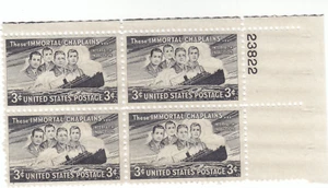 Scott # 956 - 3c Black - Four Chaplains Issue- plate block of 4 - MH - Picture 1 of 2