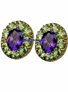 Natural Amethyst & Peridot Stones 925 sterling Silver Gold Plated Cufflinks #399 - Picture 1 of 2