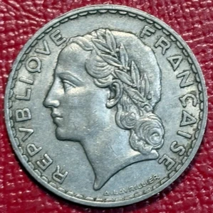 VERY NICE HIGH GRADE XF/AU 1933 FRANCE 5 FRANCS COIN-APR514 - Picture 1 of 2