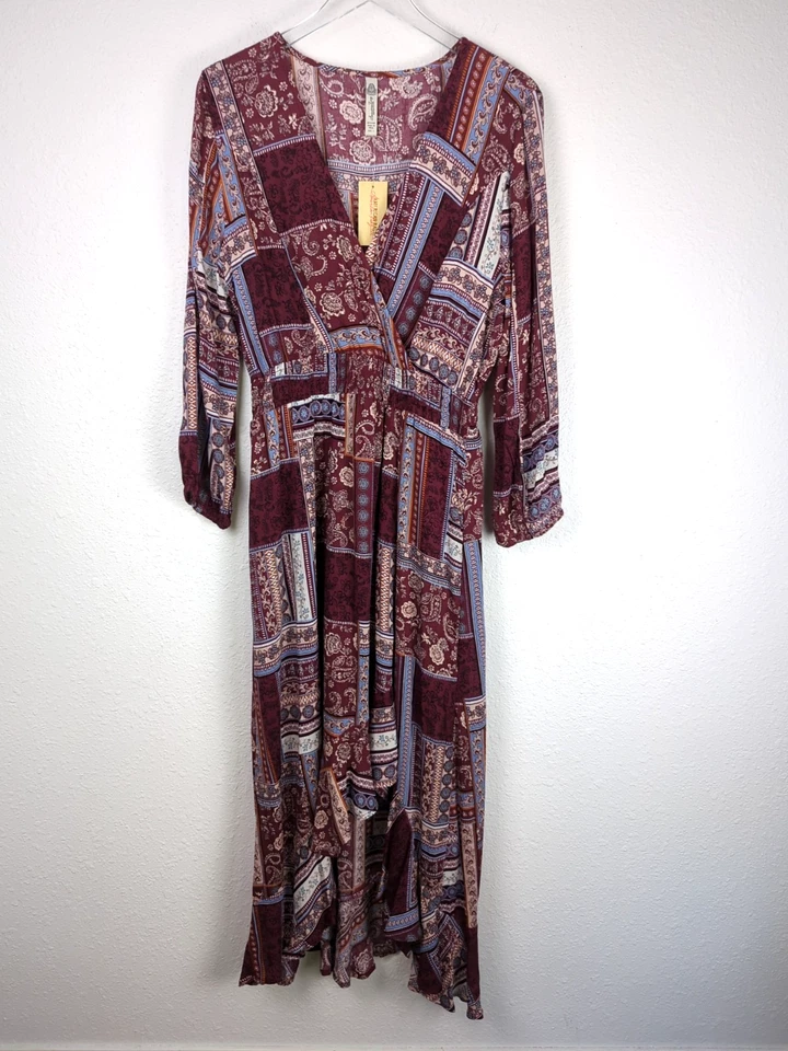 American Rag Dress L Burgundy Floral Bohemian Ruffled Fit & Flare Maxi Hi Lo Hem - Image 1 of 4