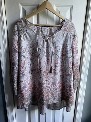 Blusa Camisa Top Boho para Mujer St. John's Bay Marrón Cuello Redondo Manga Larga Talla 3X Foto 1 de 4