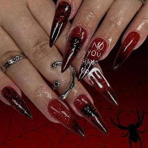 Halloween Press on Nail,Almond Fake Nail Spiders Acrylic Nail Glossy False Nail - Picture 1 of 8