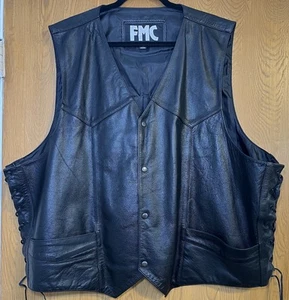 FMC Black Leather Biker Jacket Vest Laced Sides Sz58 Harley Davidson Eagle Patch - Picture 1 of 8