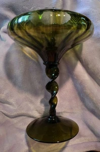 Vintage Empoli Olive Colored Glass Art Pedestal Bowl 10 1/2 In Tall - Picture 1 of 4