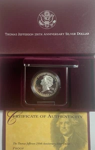 1993 Thomas Jefferson 250th Anniversary Silver Dollar PF w/ COA - No Reserve - Picture 1 of 1