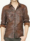 Cool Men Leather Shirt Genuine Lambskin Soft Basic Vintage Jacket Biker Slim Fit