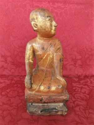 Buddha Disciple Sariputra 19th C. Carved Gilt Wood Statue Burmese Buddhist Art  - Image 1 of 4