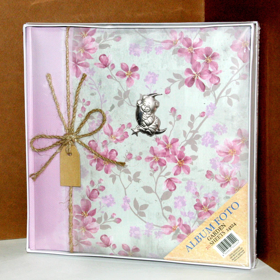 Album fotografico Nascita Battesimo targa argento 24x24 20 fogli Garden rosa - Immagine 1 di 1
