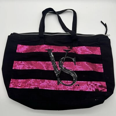 Victoria's Secret black cotton pink sequins tote school shop travel shoulder bag - Image 1 of 4
