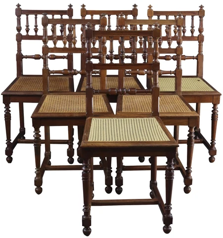 Dining Chairs Henry II French Renaissance 1920 Walnut Cane Set 6 Open Spindles Cover